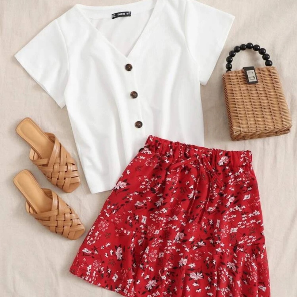 Button front tee and ruffle skirt set